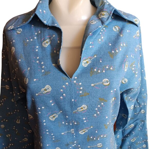 Vintage Medium Handmade Peasant Blouse Guitar Country Print Musical Print 1OF1 - Picture 2 of 6